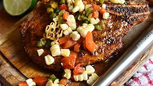 Grilled Pork Chops with Charred Corn and Poblano Relish from Jacqueline Duffin