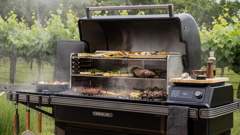 freestanding smart pellet grill with 3 levels of grill space