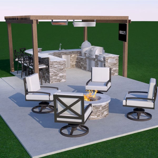 Digital 3D rendering of an outdoor kitchen