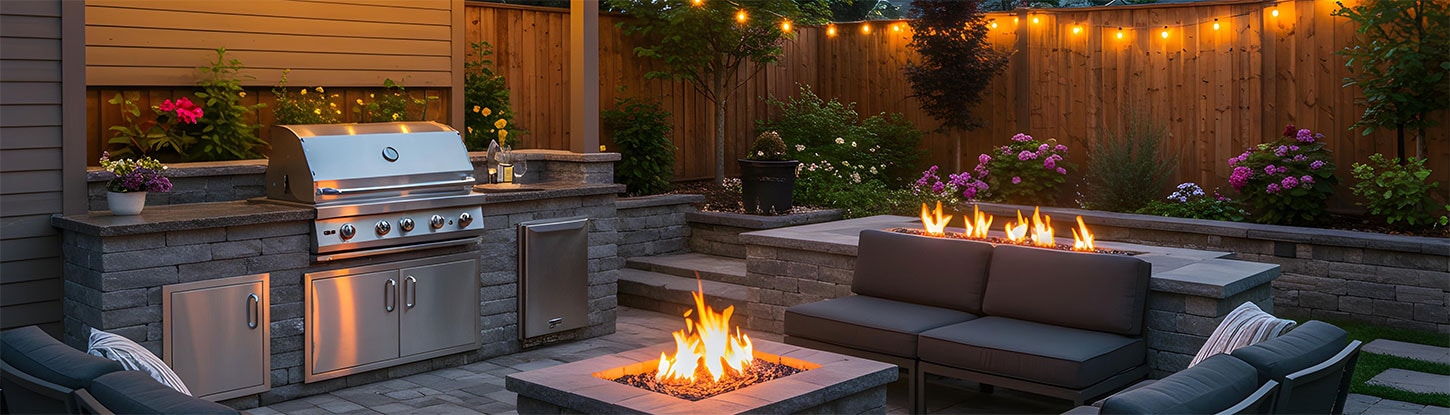 Outdoor kitchen on patio with patio furniture and fire pit