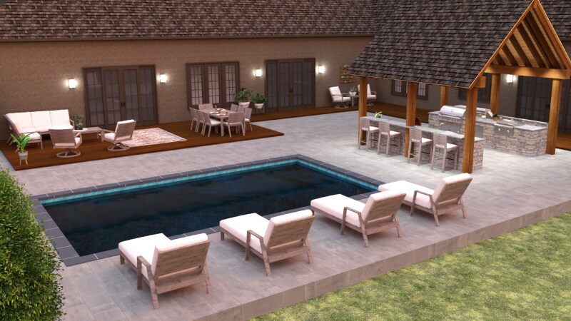Backyard with a pool with 4 chaise lounges, a dining table, and seating area around it
