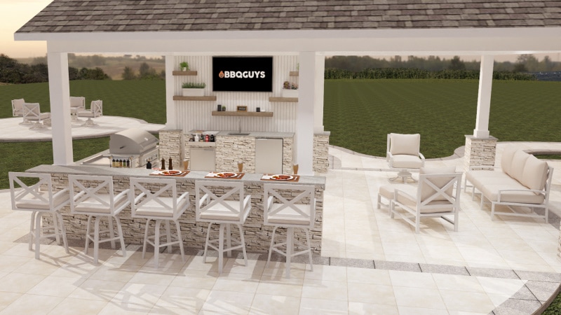 Rendering of a backyard bar setup with bar stools, television, and 2 seating areas