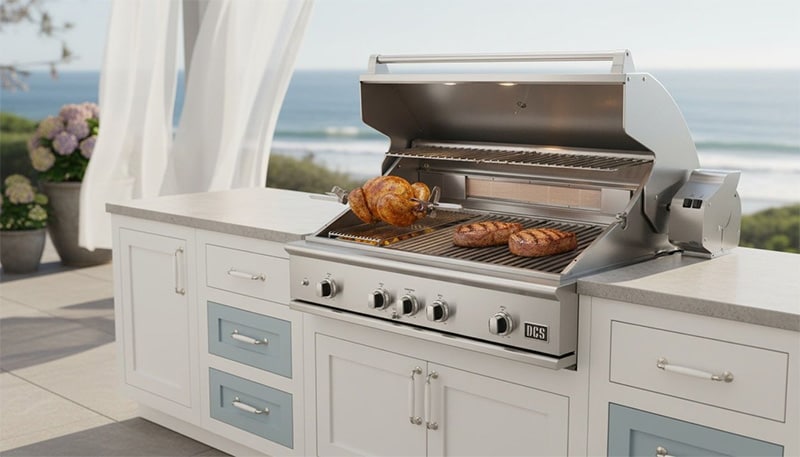 Built-In DCS Series 9 Gas Grill in an outdoor kitchen overlooking the ocean.