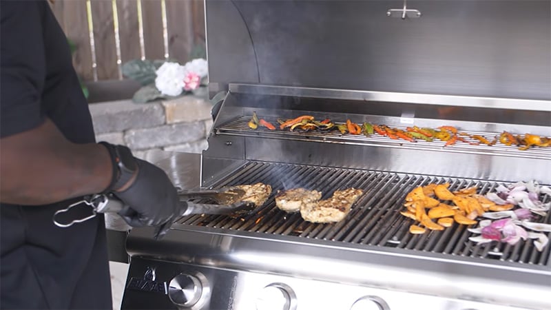 Cooking chicken and peppers on the Blaze BCM Gas Grill