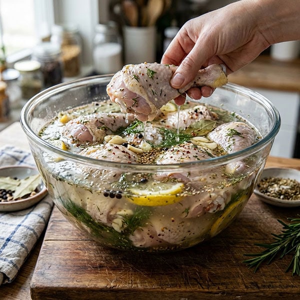 hand lifting chicken drumstick from brining bowl