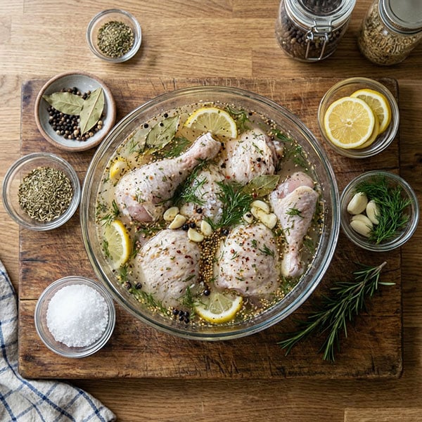 chicken brining in bowl with brine ingredients shown