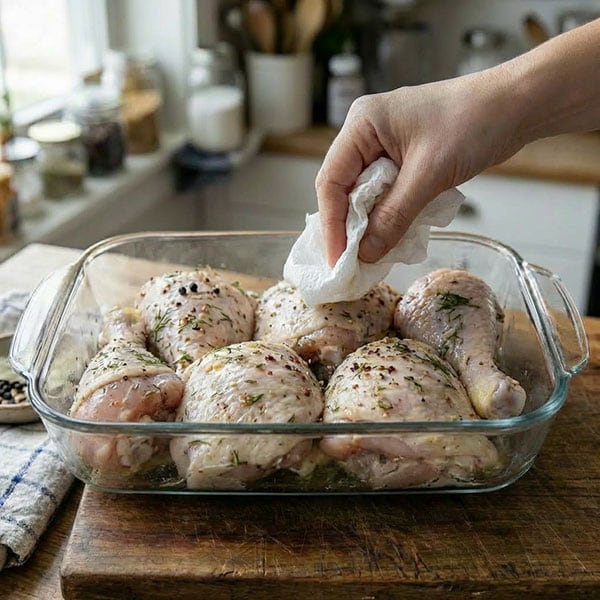 patting dry brined chicken with a paper towel