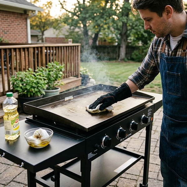 Wiping down clean griddle with oil