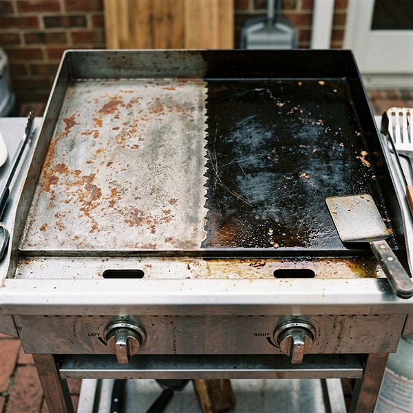 side by side comparison of a well seasoned griddle top vs an unseasoned one