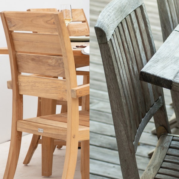 Two teak outdoor chairs: one with its original golden tone and one developing a silver-gray patina from natural exposure