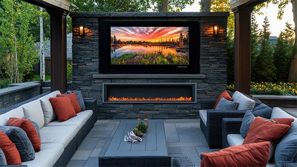 outdoor linear fireplace mounted underneath outdoor tv