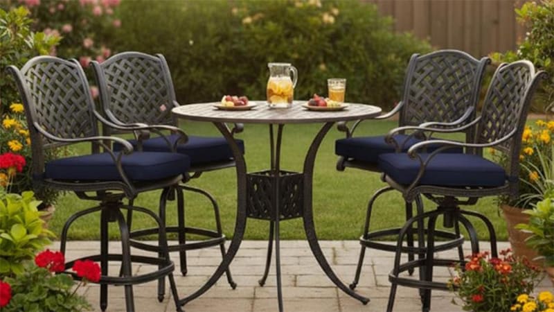 closeup shot of bistro table and 4 chairs