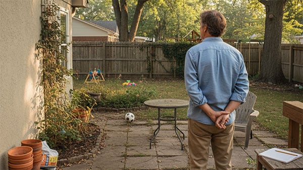man looking at empty backyard