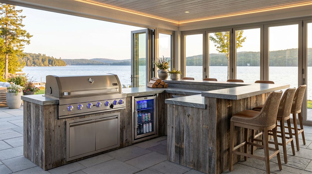 outdoor kitchen with Mont Alpi gas grill - ocean in background