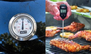 Grill lid gauge and a meat probe in a steak showing two different temperature readings