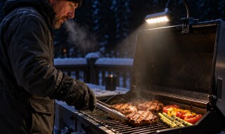 Clamp-on grill light illuminating food on the grates on a cold winter night