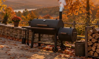 Offset smoker firebox with a split log burning cleanly and thin smoke rising from the stack