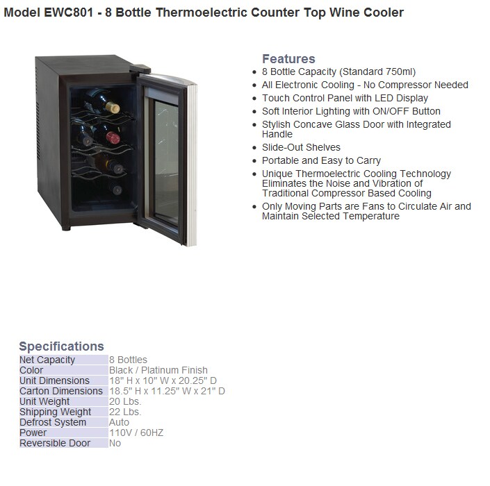 Avanti EWC801 8 Bottle Wine Cooler Platinum BBQGuys