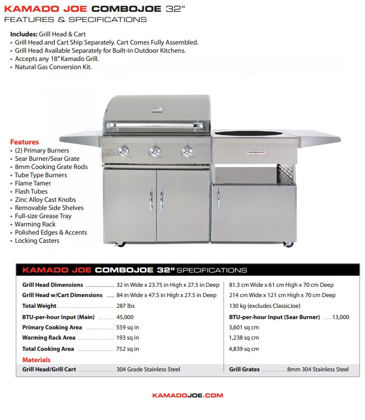 Kamado Joe ComboJoe 32Inch Propane Gas Grill With Sear Burner On Cart